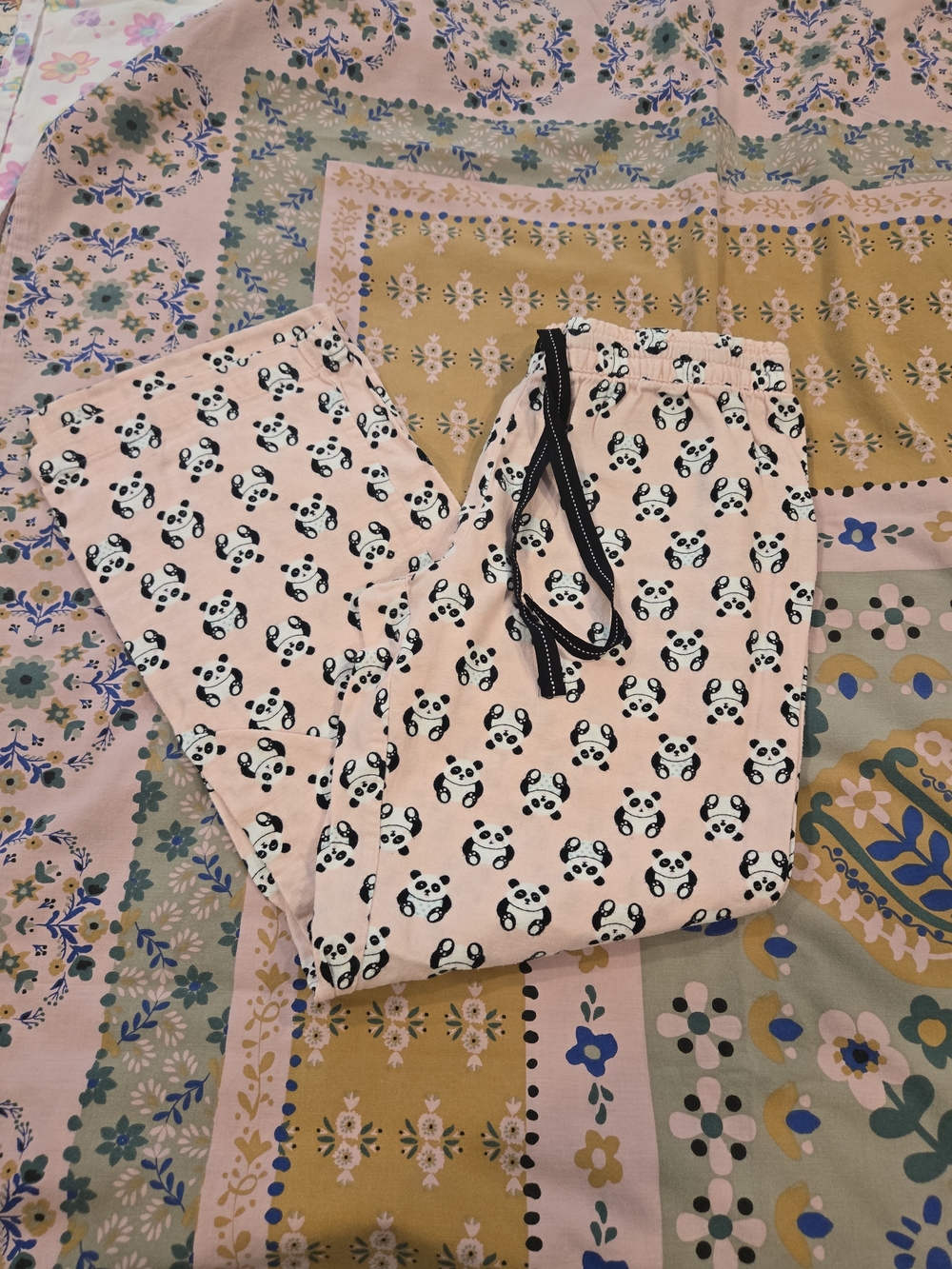 Secret Treasures Light Pink Panda Print Pajama Bottoms with Black Drawstring